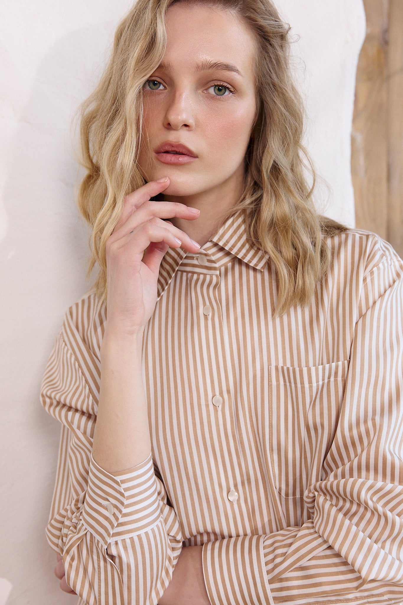 Stripe Cotton Shirt in Warm Biege