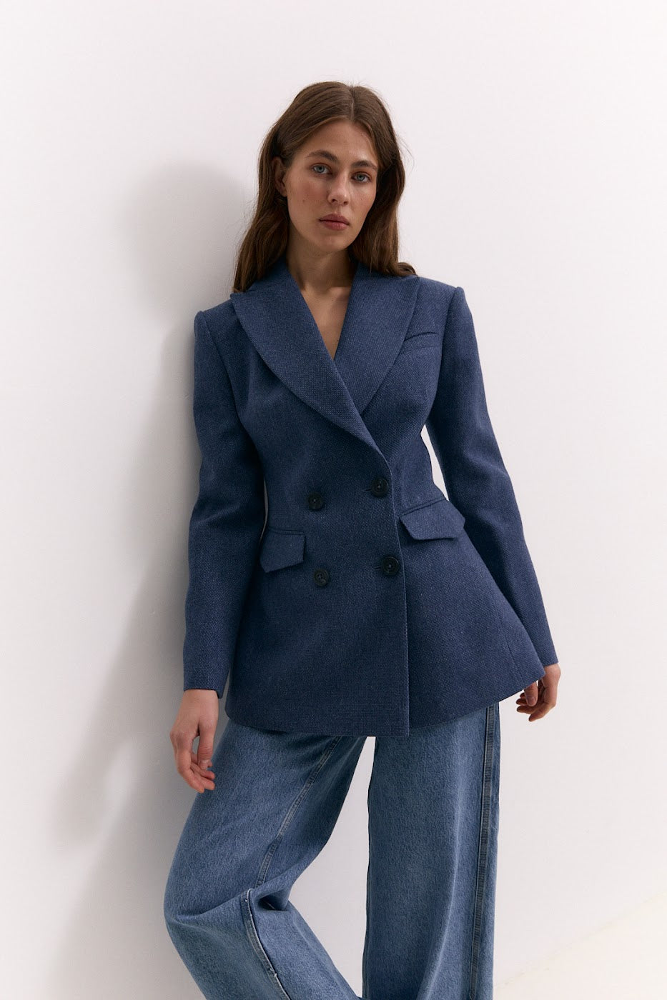 Fitted Textured Jacket in Denim Blue