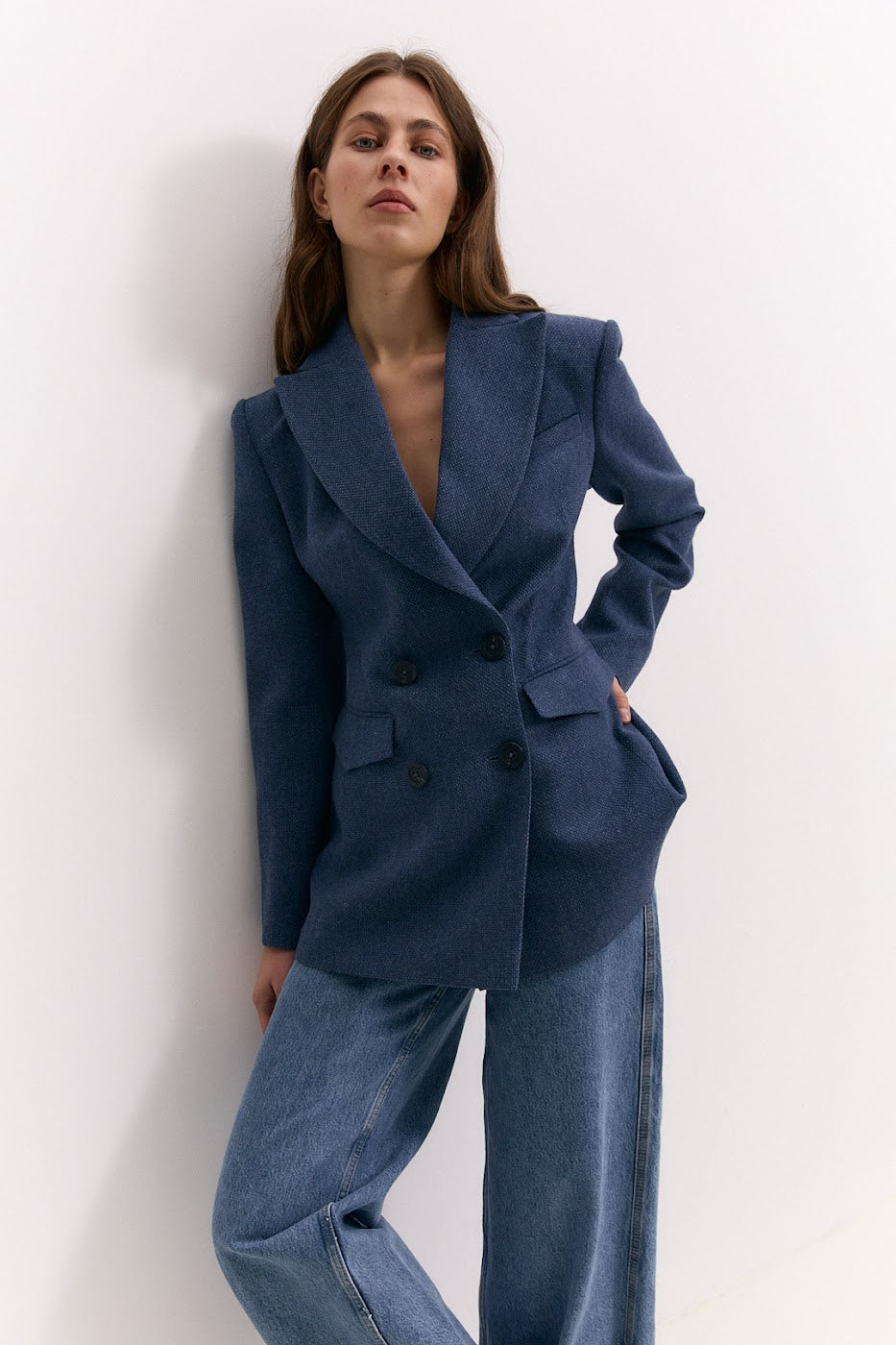 Fitted Textured Jacket in Denim Blue